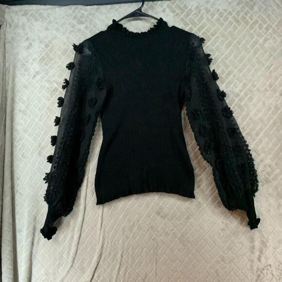 Almost Famous Tops - Almost Famous Womens S Sweater Black Ribbed Sheer Long Puff Sleeve Cabin Cottage